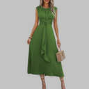 Women's Solid Midi Dress – V Neck Sleeveless Tie Waist A-Line Wedding Guest Formal