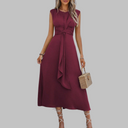 Women's Solid Midi Dress – V Neck Sleeveless Tie Waist A-Line Wedding Guest Formal