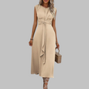 Women's Solid Midi Dress – V Neck Sleeveless Tie Waist A-Line Wedding Guest Formal