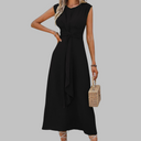 Women's Solid Midi Dress – V Neck Sleeveless Tie Waist A-Line Wedding Guest Formal