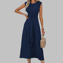 Women's Solid Midi Dress – V Neck Sleeveless Tie Waist A-Line Wedding Guest Formal