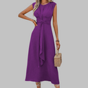 Women's Solid Midi Dress – V Neck Sleeveless Tie Waist A-Line Wedding Guest Formal