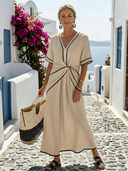 Women's Solid Midi Dress – V Neck Twist Waist Short Sleeve Contrast Trim