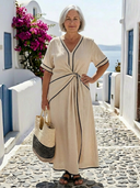 Women's Solid Midi Dress – V Neck Twist Waist Short Sleeve Contrast Trim