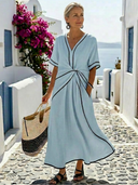 Women's Solid Midi Dress – V Neck Twist Waist Short Sleeve Contrast Trim