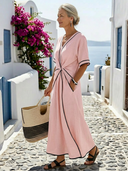 Women's Solid Midi Dress – V Neck Twist Waist Short Sleeve Contrast Trim