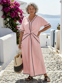 Women's Solid Midi Dress – V Neck Twist Waist Short Sleeve Contrast Trim
