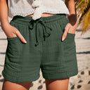 Women's Solid Muslin Drawstring Shorts – Elastic Waist Cuffed Hem Pockets
