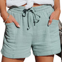 Women's Solid Muslin Drawstring Shorts – Elastic Waist Cuffed Hem Pockets