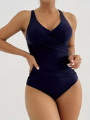 Women's Solid One Piece Swimsuit – V Neck Wrap Crossover Ruched Tummy Control Swimwear