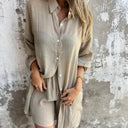 Women's Solid Oversized Button-Up Two-Piece Set – Long Sleeve Shirt Mini Shorts