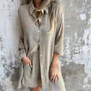 Women's Solid Oversized Button-Up Two-Piece Set – Long Sleeve Shirt Mini Shorts