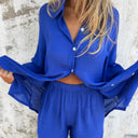 Women's Solid Oversized Button-Up Two-Piece Set – Long Sleeve Shirt Mini Shorts