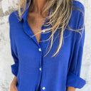 Women's Solid Oversized Button-Up Two-Piece Set – Long Sleeve Shirt Mini Shorts