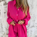 Women's Solid Oversized Button-Up Two-Piece Set – Long Sleeve Shirt Mini Shorts