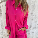Women's Solid Oversized Button-Up Two-Piece Set – Long Sleeve Shirt Mini Shorts