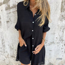 Women's Solid Oversized Button-Up Two-Piece Set – Long Sleeve Shirt Mini Shorts