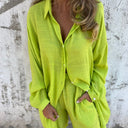 Women's Solid Oversized Button-Up Two-Piece Set – Long Sleeve Shirt Mini Shorts