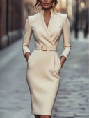 Women's Solid Pencil Midi Dress – V-Neck Stand Collar Three Quarter Sleeve Belted