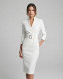 Women's Solid Pencil Midi Dress – V-Neck Stand Collar Three Quarter Sleeve Belted