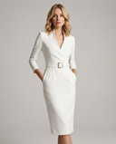 Women's Solid Pencil Midi Dress – V-Neck Stand Collar Three Quarter Sleeve Belted