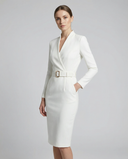 Women's Solid Pencil Midi Dress – V-Neck Stand Collar Three Quarter Sleeve Belted