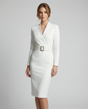 Women's Solid Pencil Midi Dress – V-Neck Stand Collar Three Quarter Sleeve Belted