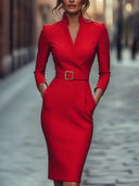Women's Solid Pencil Midi Dress – V-Neck Stand Collar Three Quarter Sleeve Belted