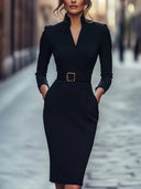 Women's Solid Pencil Midi Dress – V-Neck Stand Collar Three Quarter Sleeve Belted