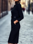 Women's Solid Pencil Midi Dress – V-Neck Stand Collar Three Quarter Sleeve Belted