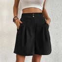 Women's Solid Pleated Shorts – High Waist Double Button Wide Leg Shorts
