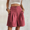 Women's Solid Pleated Shorts – High Waist Double Button Wide Leg Shorts