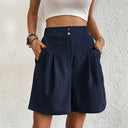 Women's Solid Pleated Shorts – High Waist Double Button Wide Leg Shorts