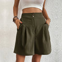 Women's Solid Pleated Shorts – High Waist Double Button Wide Leg Shorts