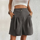 Women's Solid Pleated Shorts – High Waist Double Button Wide Leg Shorts