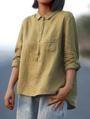 Women's Solid Point Collar Blouse – Long Sleeve Casual Everyday Half Button Pullover Top