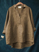 Women's Solid Point Collar Blouse – V Neck Long Sleeve Casual Everyday Pullover Top