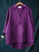 Women's Solid Point Collar Blouse – V Neck Long Sleeve Casual Everyday Pullover Top