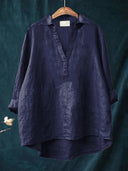 Women's Solid Point Collar Blouse – V Neck Long Sleeve Casual Everyday Pullover Top