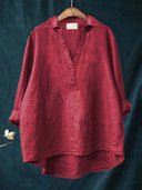Women's Solid Point Collar Blouse – V Neck Long Sleeve Casual Everyday Pullover Top