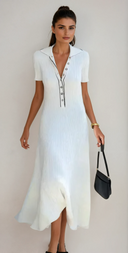 Women's Solid Ribbed Knit Maxi Dress – Polo Collar Short Sleeve Button Placket