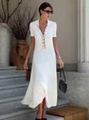 Women's Solid Ribbed Knit Maxi Dress – Polo Collar Short Sleeve Button Placket