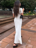 Women's Solid Ribbed Knit Maxi Dress – Polo Collar Short Sleeve Button Placket