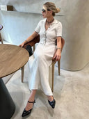 Women's Solid Ribbed Knit Maxi Dress – Polo Collar Short Sleeve Button Placket