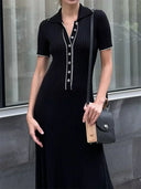 Women's Solid Ribbed Knit Maxi Dress – Polo Collar Short Sleeve Button Placket