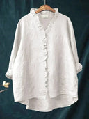 Women's Solid Ruffle Trim Blouse – V Neck Long Sleeve Casual Everyday Button Top