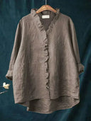 Women's Solid Ruffle Trim Blouse – V Neck Long Sleeve Casual Everyday Button Top
