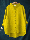 Women's Solid Ruffle Trim Blouse – V Neck Long Sleeve Casual Everyday Button Top