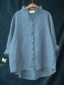 Women's Solid Ruffle Trim Blouse – V Neck Long Sleeve Casual Everyday Button Top