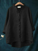 Women's Solid Ruffle Trim Blouse – V Neck Long Sleeve Casual Everyday Button Top
